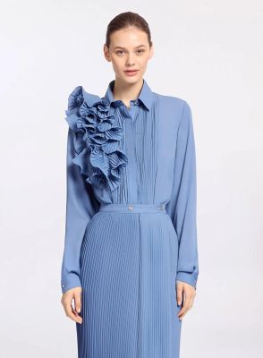 Pleated Ruffle Chiffon Shirt (Orient Blue)